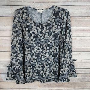 Style & Co Women's Knit Top Small Gray Beige Leaf Print Long Bell Sleeve